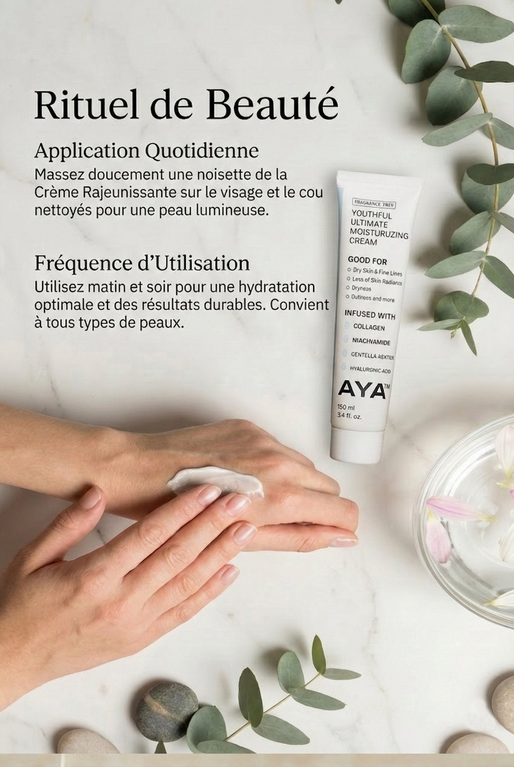 How to apply AYA™ Ultimate Hydrating Korean Skincare Cream – usage instructions and demonstration on hand