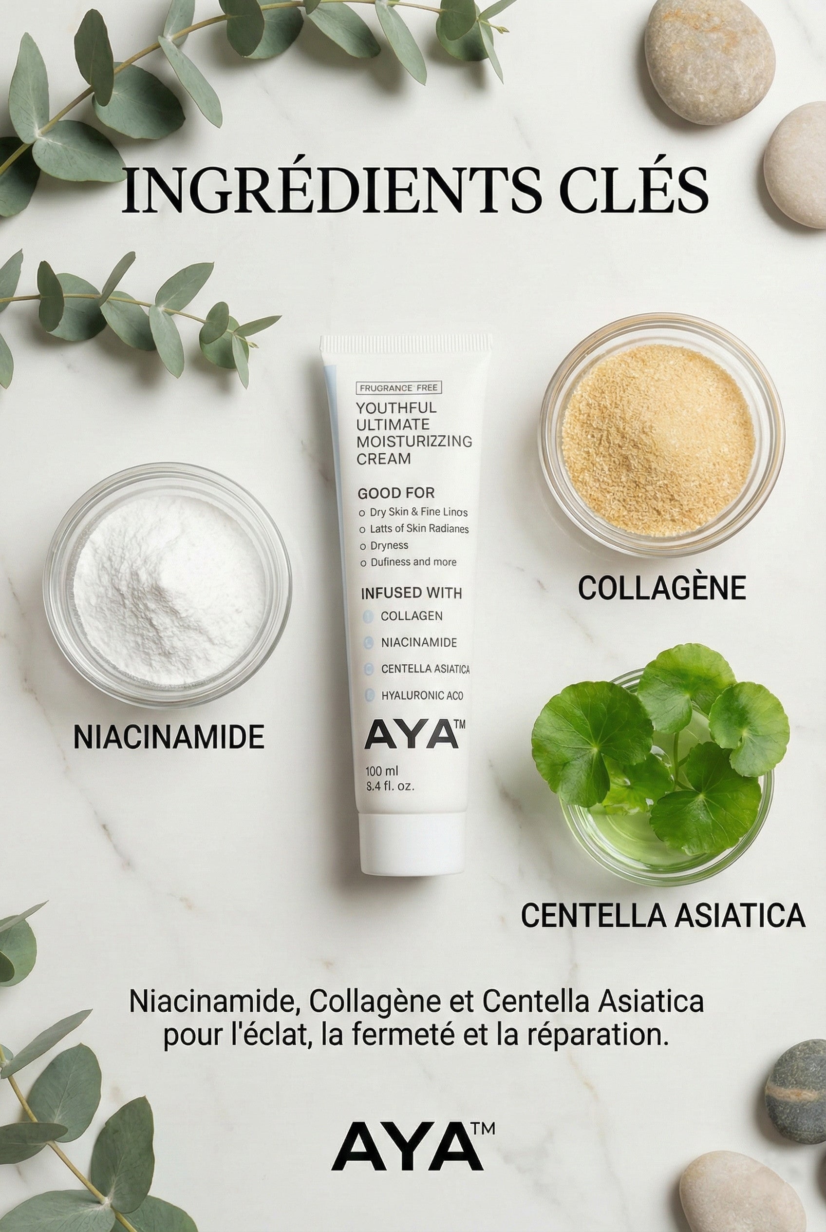 Key ingredients of AYA™ Ultimate Hydrating Korean Skincare Cream – Collagen and Niacinamide for firm, bright, and youthful skin
