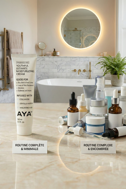 AYA™ Youthful Ultimate Moisturizing Cream tubes on blue background – infused with collagen, niacinamide, centella asiatica, and hyaluronic acid for hydrated, radiant skin